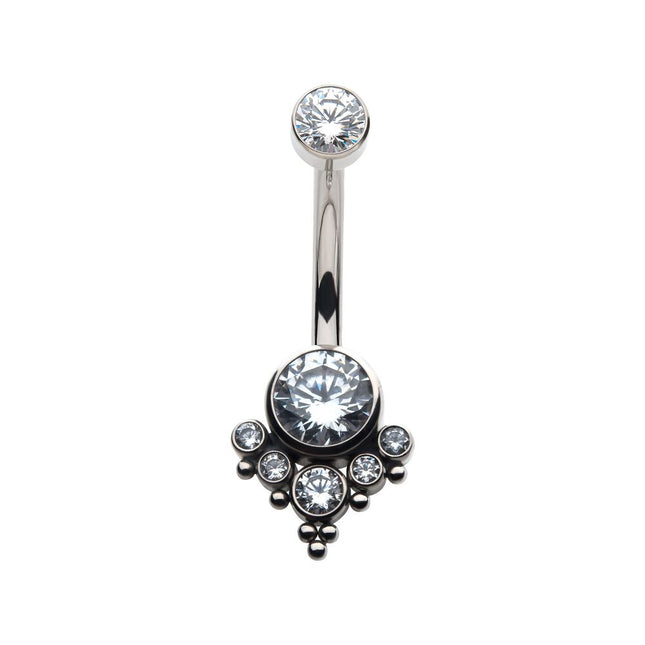 Invictus Titanium Internally Threaded with Tri Bead Bezel Set CZ Terraced Cluster Navel Curve