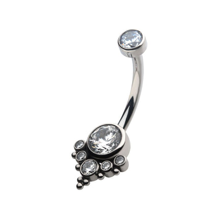 Invictus Titanium Internally Threaded with Tri Bead Bezel Set CZ Terraced Cluster Navel Curve