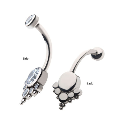 Invictus Titanium Internally Threaded with Tri Bead Bezel Set CZ Terraced Cluster Navel Curve