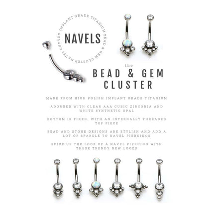 Invictus Titanium Internally Threaded with Tri Bead Bezel Set CZ Terraced Cluster Navel Curve