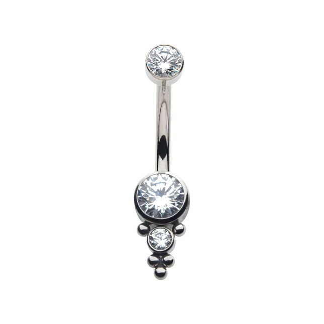 Invictus Titanium Internally Threaded with Tri Bead Bezel Set CZ Cluster Navel Curve
