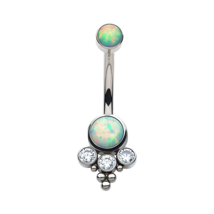 Invictus Titanium Internally Threaded with Tri Bead Bezel Set Opal & CZ Terraced Cluster Navel Curve