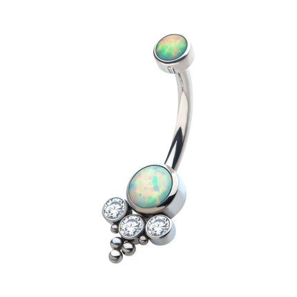 Invictus Titanium Internally Threaded with Tri Bead Bezel Set Opal & CZ Terraced Cluster Navel Curve