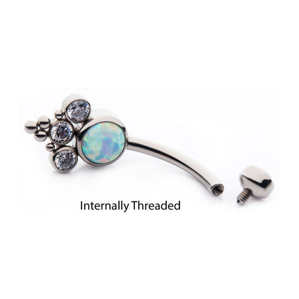 Invictus Titanium Internally Threaded with Tri Bead Bezel Set Opal & CZ Terraced Cluster Navel Curve