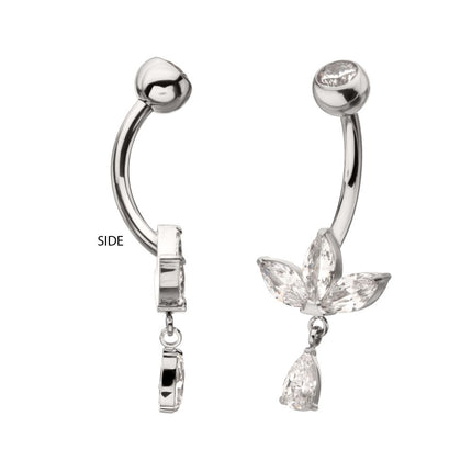 Invictus Titanium Internally Threaded Triple Marquise Gem Fan Navel with Floating Teardrop Gem Dangle