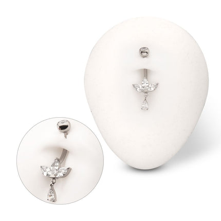 Invictus Titanium Internally Threaded Triple Marquise Gem Fan Navel with Floating Teardrop Gem Dangle