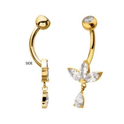 Invictus 24kt Gold PVD Titanium Internally Threaded Triple Marquise Gem Fan Navel with Floating Teardrop Gem Dangle
