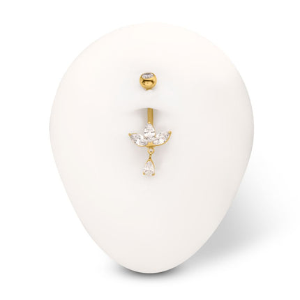 Invictus 24kt Gold PVD Titanium Internally Threaded Triple Marquise Gem Fan Navel with Floating Teardrop Gem Dangle