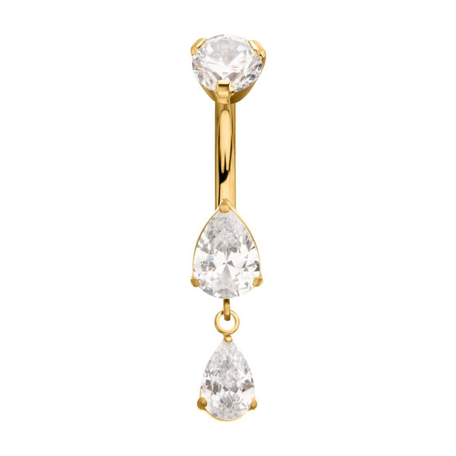 Invictus 24Kt Gold PVD Titanium Internally Threaded Double Teardrop Prong Set Gem Dangle Navel