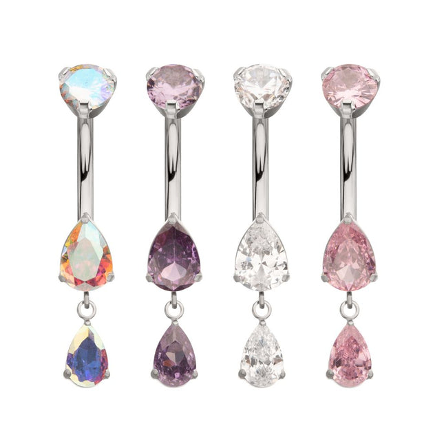 Invictus Titanium Internally Threaded Double Dangle Prong Set Teardrop Gem Navel