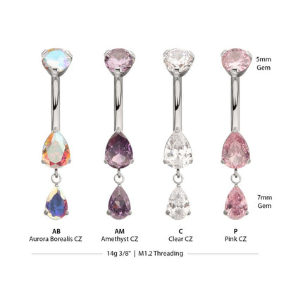 Invictus Titanium Internally Threaded Double Dangle Prong Set Teardrop Gem Navel