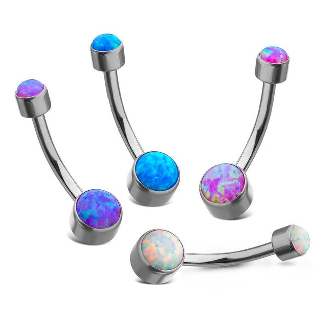 Invictus Titanium Internally Threaded with Flat Back Round Bezel Set Double Synthetic Opal Navel Curves