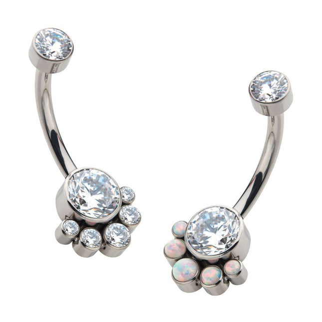 Invictus Titanium Internally Threaded with 5 Bezel Set Round CZ/Synthetic Opal Terraced Cluster Fixed Navel