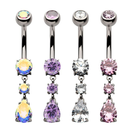 Invictus Titanium Internally Threaded Double Dangle Prong Set Round and Teardrop Gem Navel