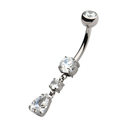 Invictus Titanium Internally Threaded Double Round Prong Set Gem with Teardrop Dangle Navel