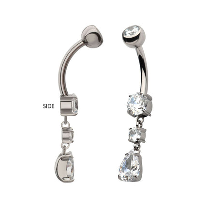 Invictus Titanium Internally Threaded Double Dangle Prong Set Round and Teardrop Gem Navel