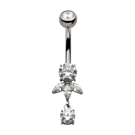 Invictus Titanium Internally Threaded Triple Marquise Gem Fan with Floating Round Gem Dangle Navel