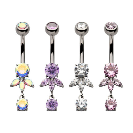 Invictus Titanium Internally Threaded Prong Set Round and Triple Marquise Gem Fan Navel with Round Gem Dangle