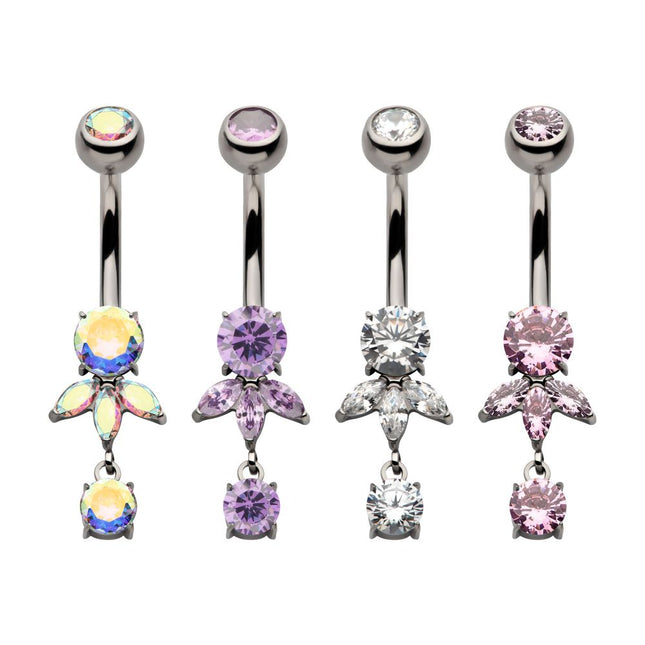 Invictus Titanium Internally Threaded Prong Set Round and Triple Marquise Gem Fan Navel with Round Gem Dangle