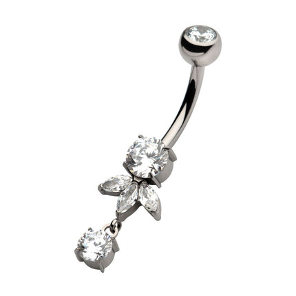 Invictus Titanium Internally Threaded Triple Marquise Gem Fan with Floating Round Gem Dangle Navel