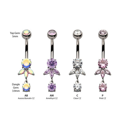 Invictus Titanium Internally Threaded Prong Set Round and Triple Marquise Gem Fan Navel with Round Gem Dangle