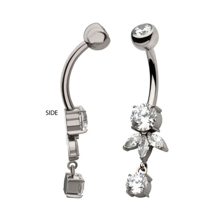 Invictus Titanium Internally Threaded Prong Set Round and Triple Marquise Gem Fan Navel with Round Gem Dangle