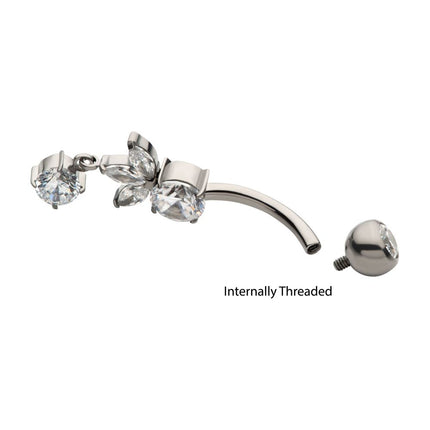 Invictus Titanium Internally Threaded Prong Set Round and Triple Marquise Gem Fan Navel with Round Gem Dangle