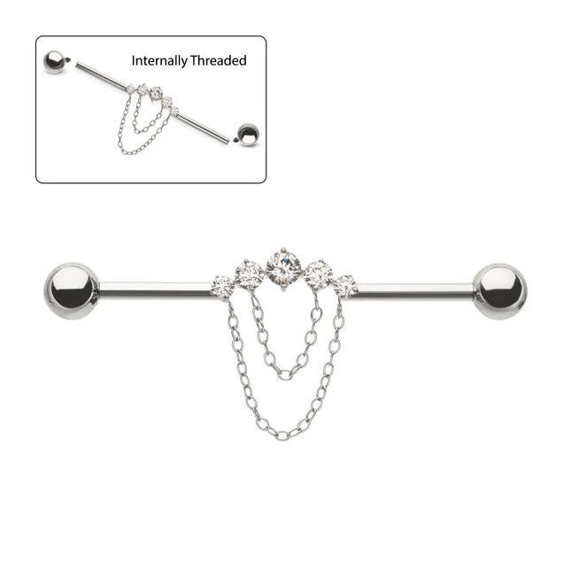 Invictus Titanium Internally Threaded 5 Round Prong Set Gem Cluster with 2-Tier Chain & Ball End Industrial Barbell
