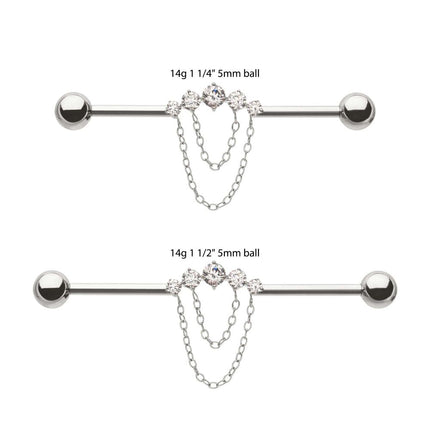 Invictus Titanium Internally Threaded 5 Round Prong Set Gem Cluster with 2-Tier Chain & Ball End Industrial Barbell