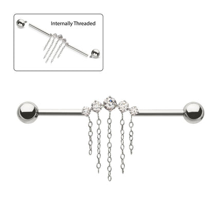 Invictus Titanium Internally Threaded 5 Round Prong Set Gem Cluster with 5 Chain Dangle & Ball End Industrial Barbell