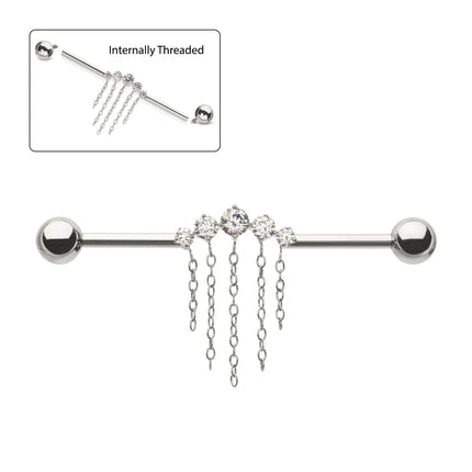 Invictus Titanium Internally Threaded 5 Round Prong Set Gem Cluster with 5 Chain Dangle & Ball End Industrial Barbell