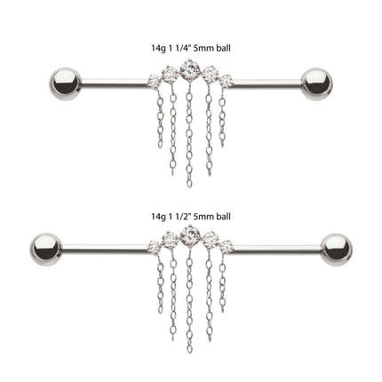 Invictus Titanium Internally Threaded 5 Round Prong Set Gem Cluster with 5 Chain Dangle & Ball End Industrial Barbell