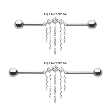 Invictus Titanium Internally Threaded 5 Round Prong Set Gem Cluster with 5 Chain Dangle & Ball End Industrial Barbell