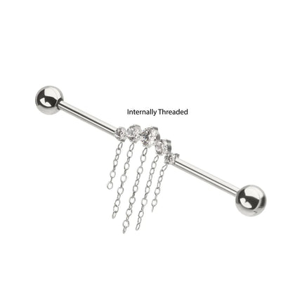 Invictus Titanium Internally Threaded 5 Round Prong Set Gem Cluster with 5 Chain Dangle & Ball End Industrial Barbell