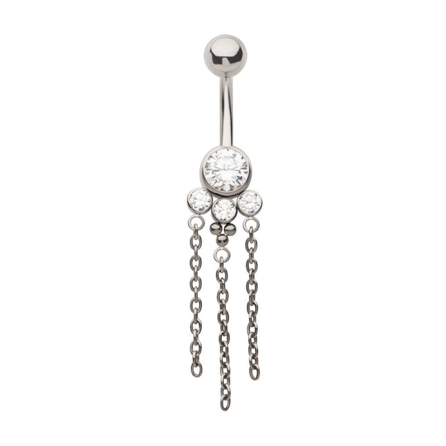 Invictus Titanium Internally Threaded Bezel Set Round Gem Cluster Navel with Tri-Bead and Triple Chain Dangle