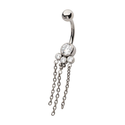 Invictus Titanium Internally Threaded Bezel Set Round Gem Cluster Navel with Tri-Bead and Triple Chain Dangle