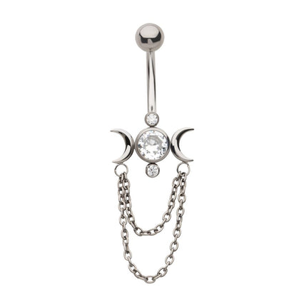 Invictus Titanium Internally Threaded Bezel Set Round Gem Triple Moon Phase Navel with 2-Tier Chain Dangle