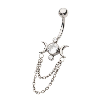 Invictus Titanium Internally Threaded Bezel Set Round Gem Triple Moon Phase Navel with 2-Tier Chain Dangle
