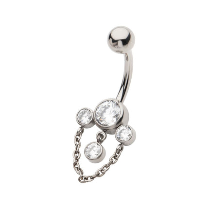 Invictus Titanium Internally Threaded Bezel Set Round Gem Fan Navel with Floating Gem and Chain Dangle