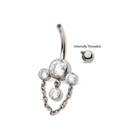 Invictus Titanium Internally Threaded Bezel Set Round Gem Fan Navel with Floating Gem and Chain Dangle