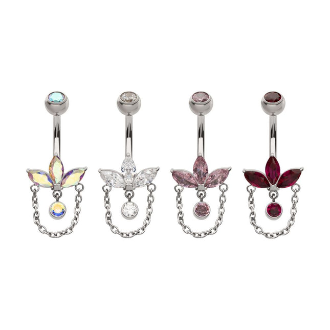 Invictus Titanium Internally Threaded Marquise Gem Fan Navel with Floating Gem and Chain Dangle