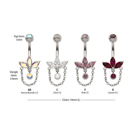Invictus Titanium Internally Threaded Marquise Gem Fan Navel with Floating Gem and Chain Dangle