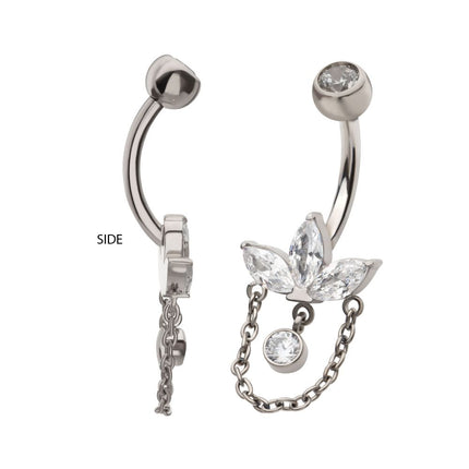 Invictus Titanium Internally Threaded Marquise Gem Fan Navel with Floating Gem and Chain Dangle