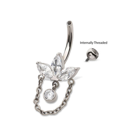 Invictus Titanium Internally Threaded Marquise Gem Fan Navel with Floating Gem and Chain Dangle