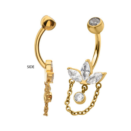 Invictus 24Kt Gold PVD Titanium Internally Threaded Marquise Gem Fan Navel with Floating Gem & Dangle Chain