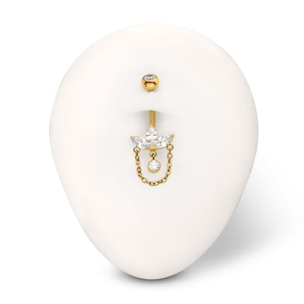 Invictus 24Kt Gold PVD Titanium Internally Threaded Marquise Gem Fan Navel with Floating Gem & Dangle Chain