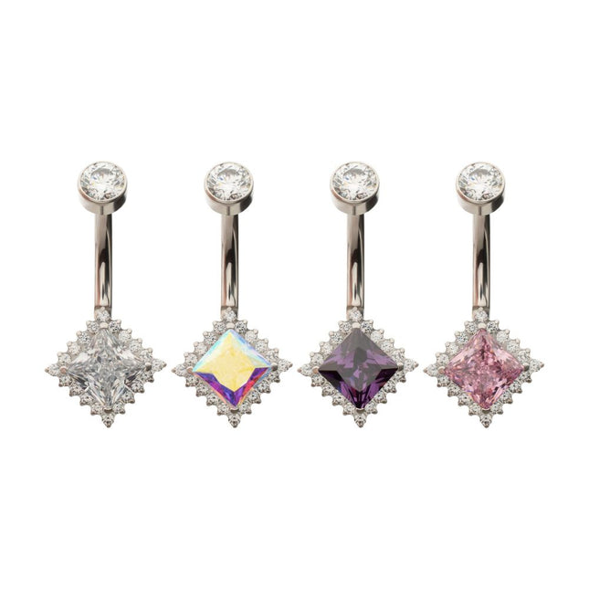 Invictus Titanium Internally Threaded Prism Halo with Clear Gem Edge Fixed Bottom Non-Dangle Navel
