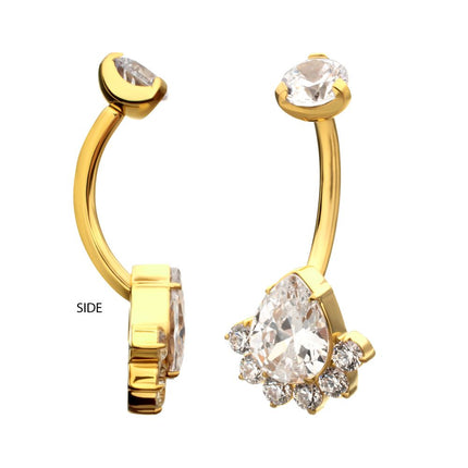 Invictus 24Kt Gold PVD Titanium Internally Threaded Royal Cluster Teardrop Gem Fixed Bottom Non-Dangle Navel