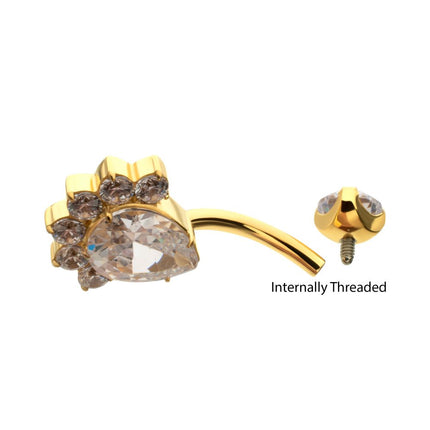 Invictus 24Kt Gold PVD Titanium Internally Threaded Royal Cluster Teardrop Gem Fixed Bottom Non-Dangle Navel