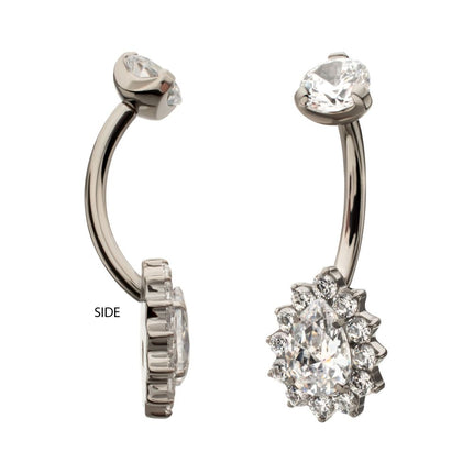 Invictus Titanium Internally Threaded Teardrop Halo with Clear Gem Edge Fixed Bottom Non-Dangle Navel